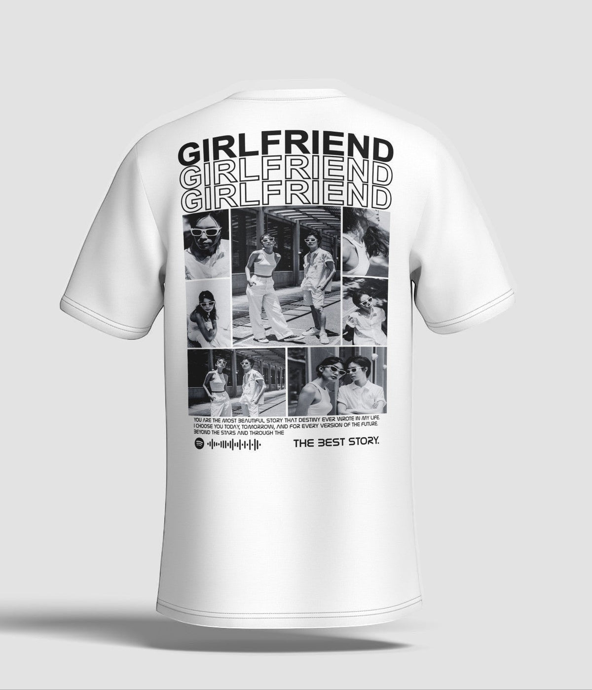 Toptan Bez Çanta white cotton t-shirt with a collage of black and white photos and the text "GIRLFRIEND" and "THE BEST STORY".