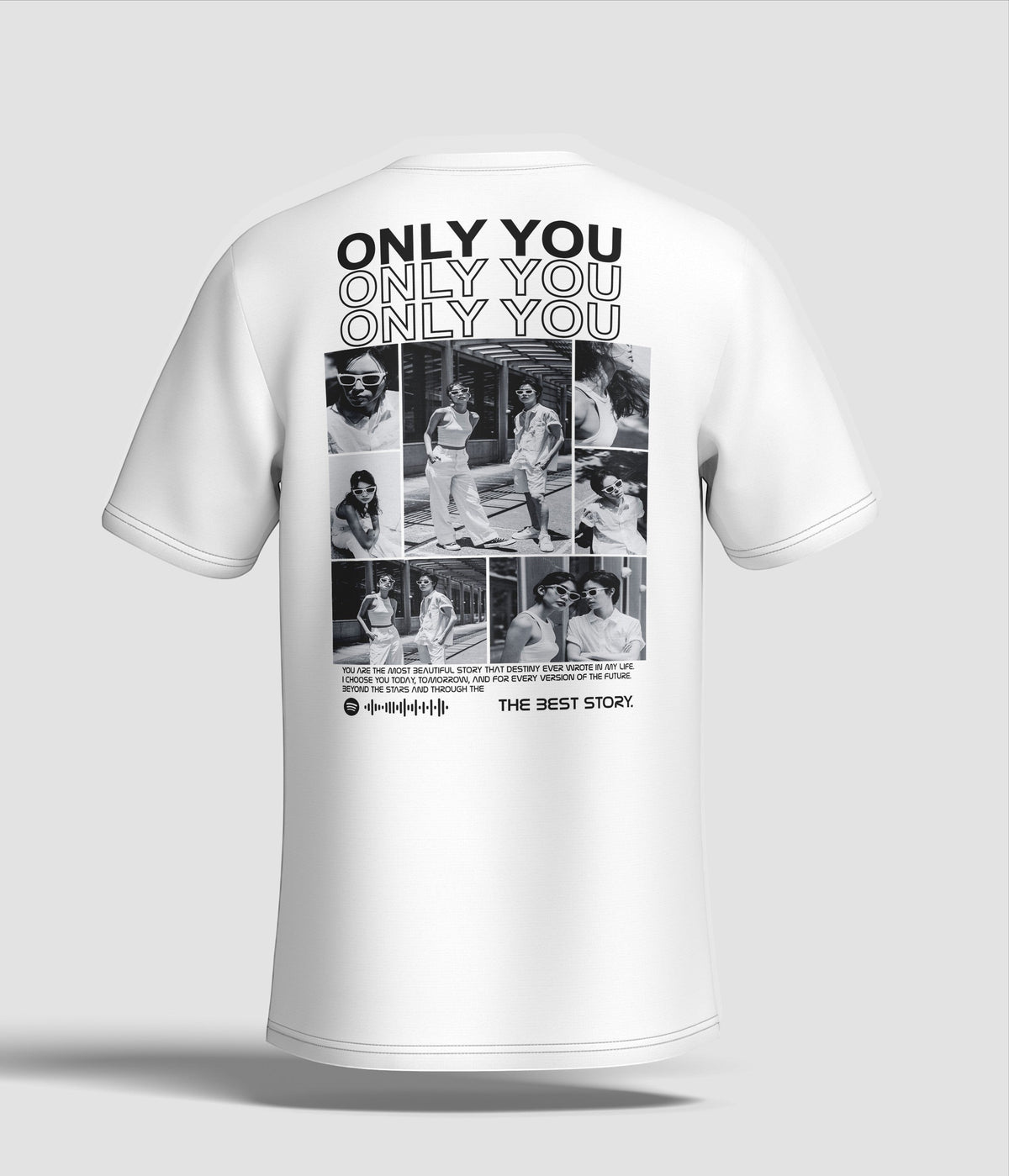 Toptan Bez Çanta white cotton t-shirt with a collage of black and white photos and text "ONLY YOU" repeated, plus a Spotify code.