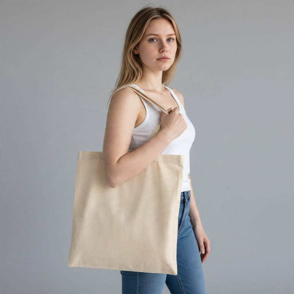 Toptan Bez Çanta marka 140 gr ham pamuklu ekru bez çanta taşıyan genç kadın