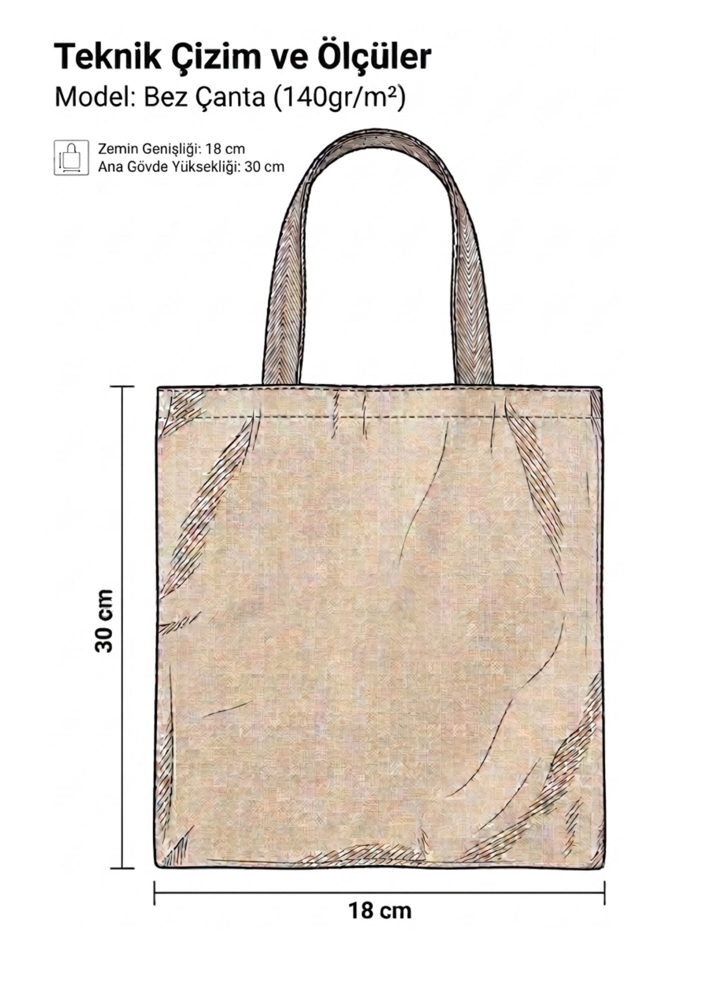 Toptan Bez Çanta markalı, 140gr ham pamuk kumaştan üretilmiş, 18x30 cm ölçülerinde teknik çizimli doğal bez çanta.