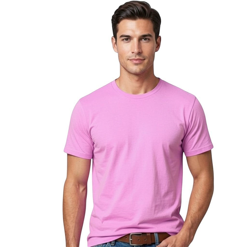 Toptan Bez Çanta pembe bisiklet yaka %100 pamuklu 24/1 süprem basic tişört giyen erkek model