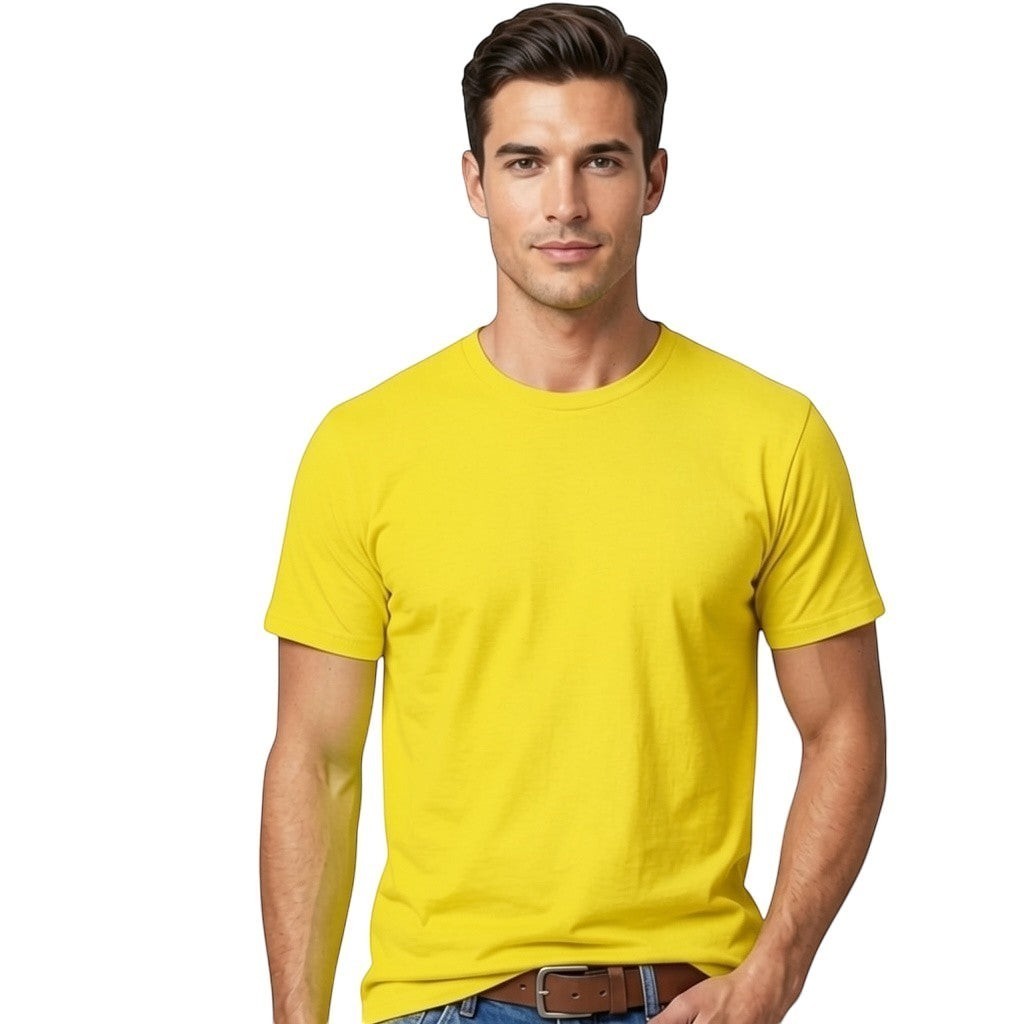 Toptan Bez Çanta sarı renkli, bisiklet yaka, %100 pamuklu 24/1 süprem premium basic erkek tişört