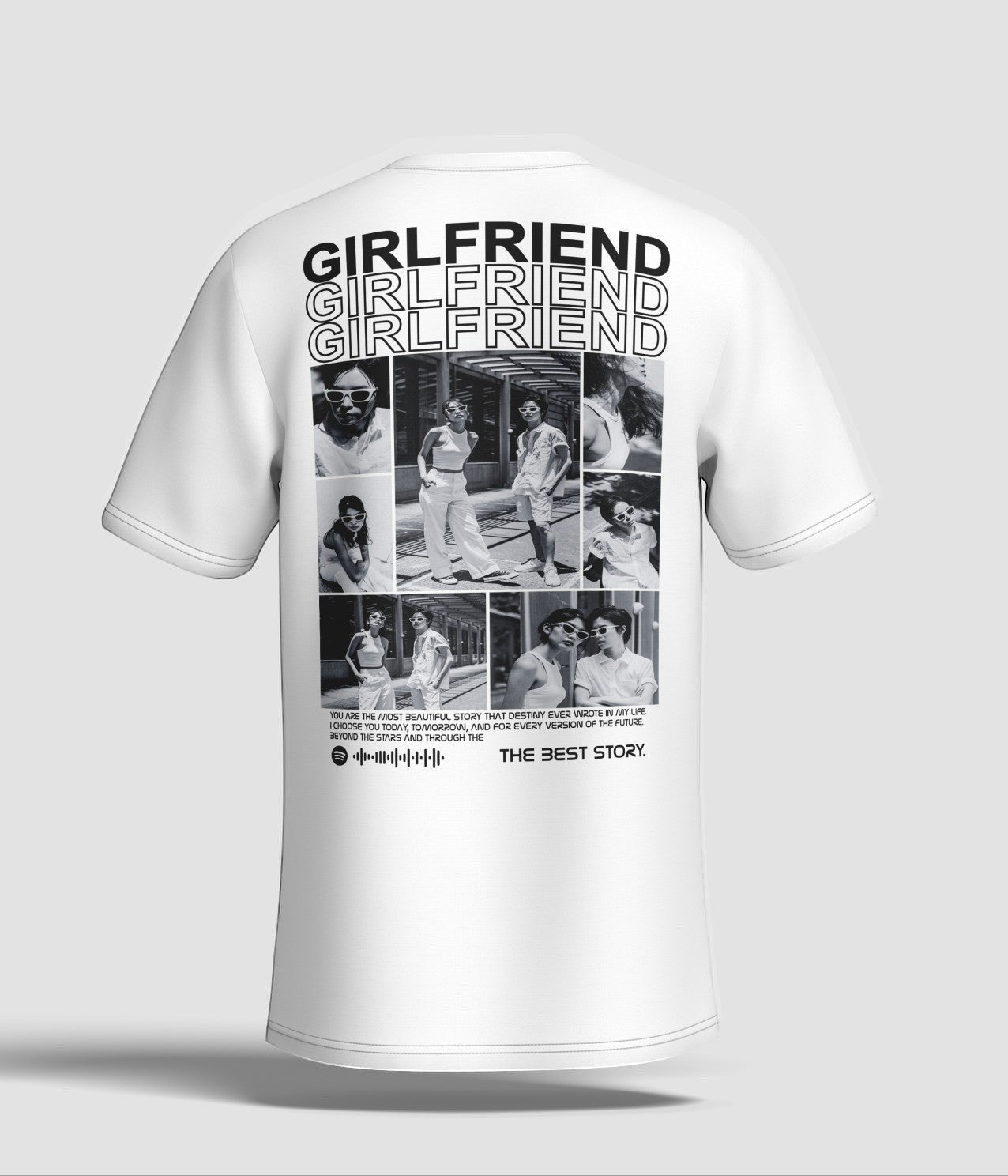 Toptan Bez Çanta white cotton t-shirt with a collage of black and white photos and the text "GIRLFRIEND" and "THE BEST STORY".