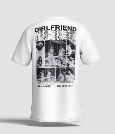 Toptan Bez Çanta white cotton t-shirt with a collage of black and white photos and the text "GIRLFRIEND" and "THE BEST STORY".