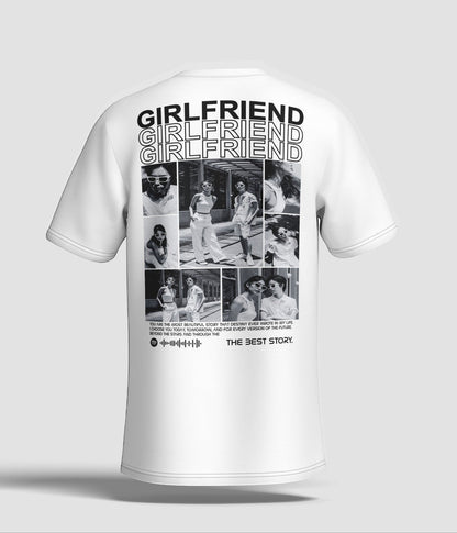 Toptan Bez Çanta white cotton t-shirt with a collage of black and white photos and the text "GIRLFRIEND" and "THE BEST STORY".