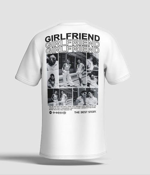 Toptan Bez Çanta white cotton t-shirt with a collage of black and white photos and the text "GIRLFRIEND" and "THE BEST STORY".