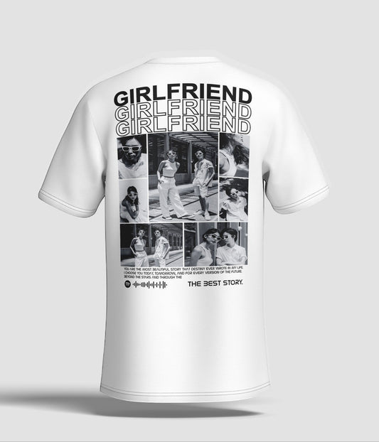Toptan Bez Çanta white cotton t-shirt with a collage of black and white photos and the text "GIRLFRIEND" and "THE BEST STORY".