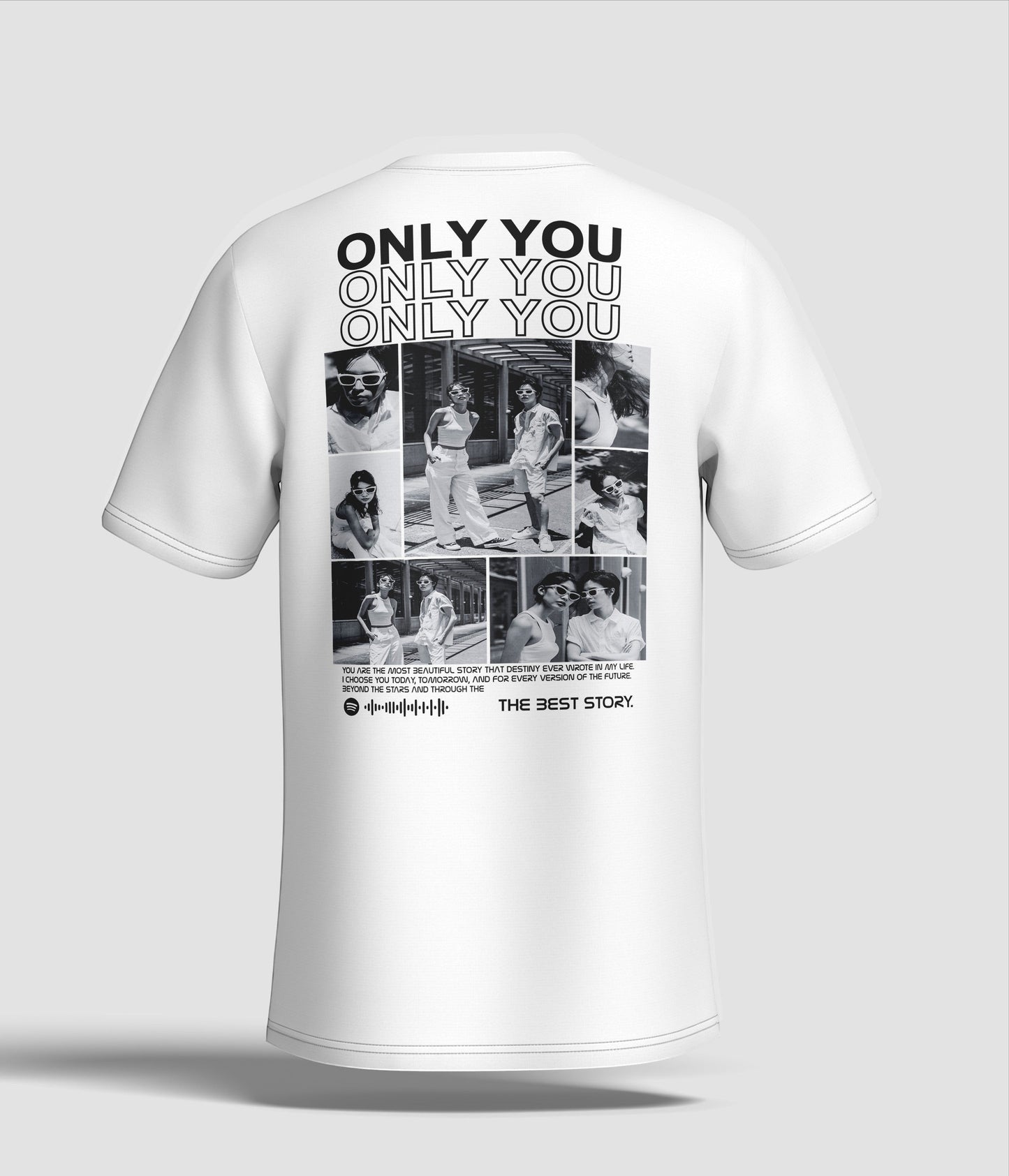 Toptan Bez Çanta white cotton t-shirt with a collage of black and white photos and text "ONLY YOU" repeated, plus a Spotify code.