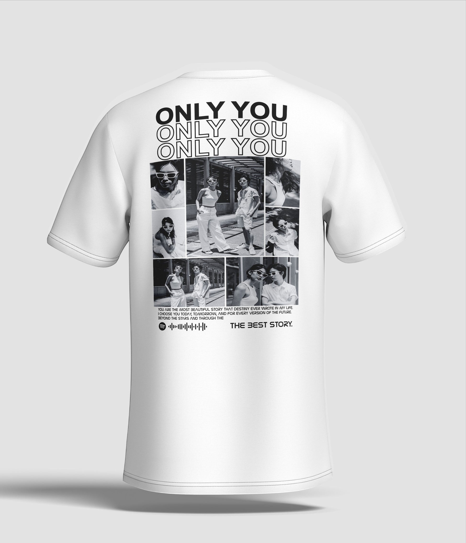 Toptan Bez Çanta white cotton t-shirt with a collage of black and white photos and text "ONLY YOU" repeated, plus a Spotify code.