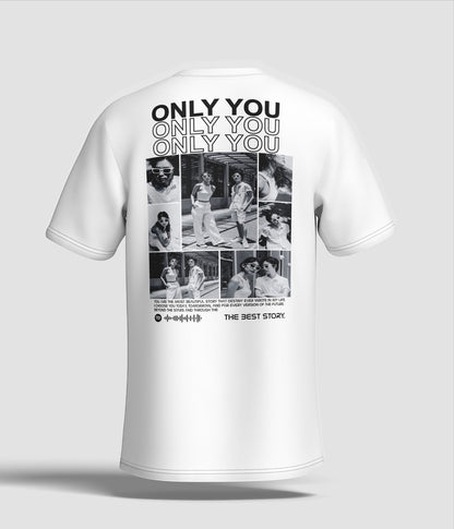 Toptan Bez Çanta white cotton t-shirt with a collage of black and white photos and text "ONLY YOU" repeated, plus a Spotify code.